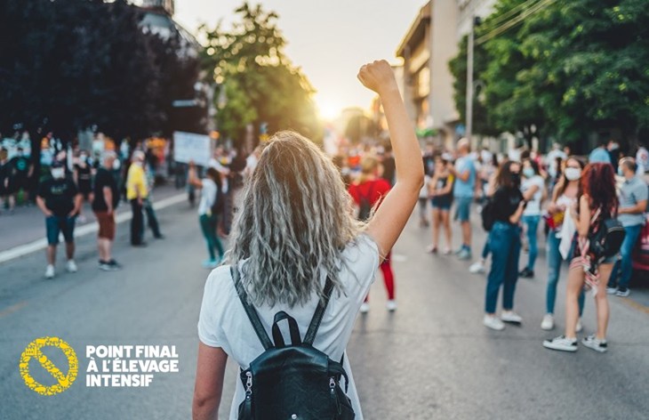 Une femme manifestant dans la rue prise de dos avec son point levé et le logo de point final