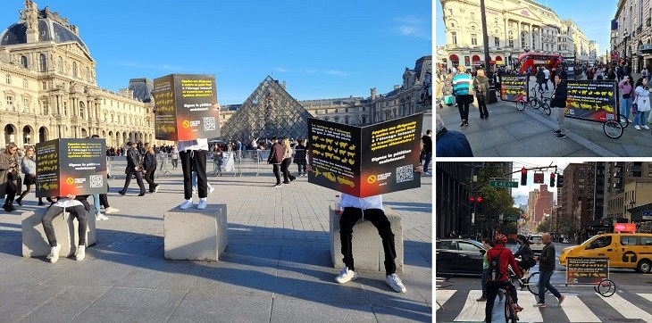 Photos prises à Paris, Londres et New York : opération d'affichage mobile vélo et journaux XL