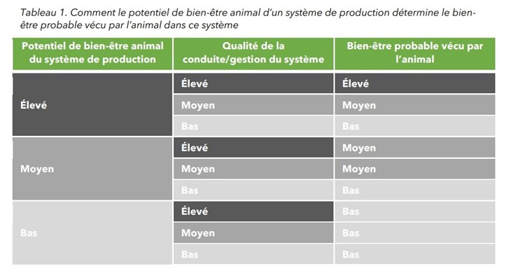Tableau représentant les potentiels de bien être animal